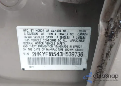 2003 Honda Pilot Ex-L from USA, damaged, VIN 2HKYF18543H539736